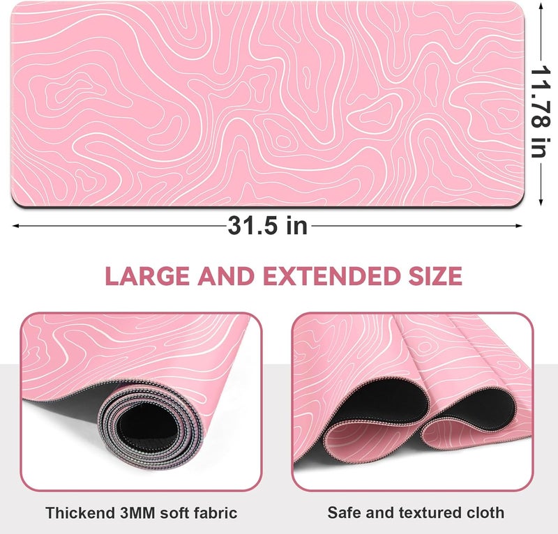 DIGSOM Gaming Mouse Pad 31.5 x 11.8in Large Mouse Pad with Anti-Slip Rubber Base（Pink with White Topographic Line） - Image 2